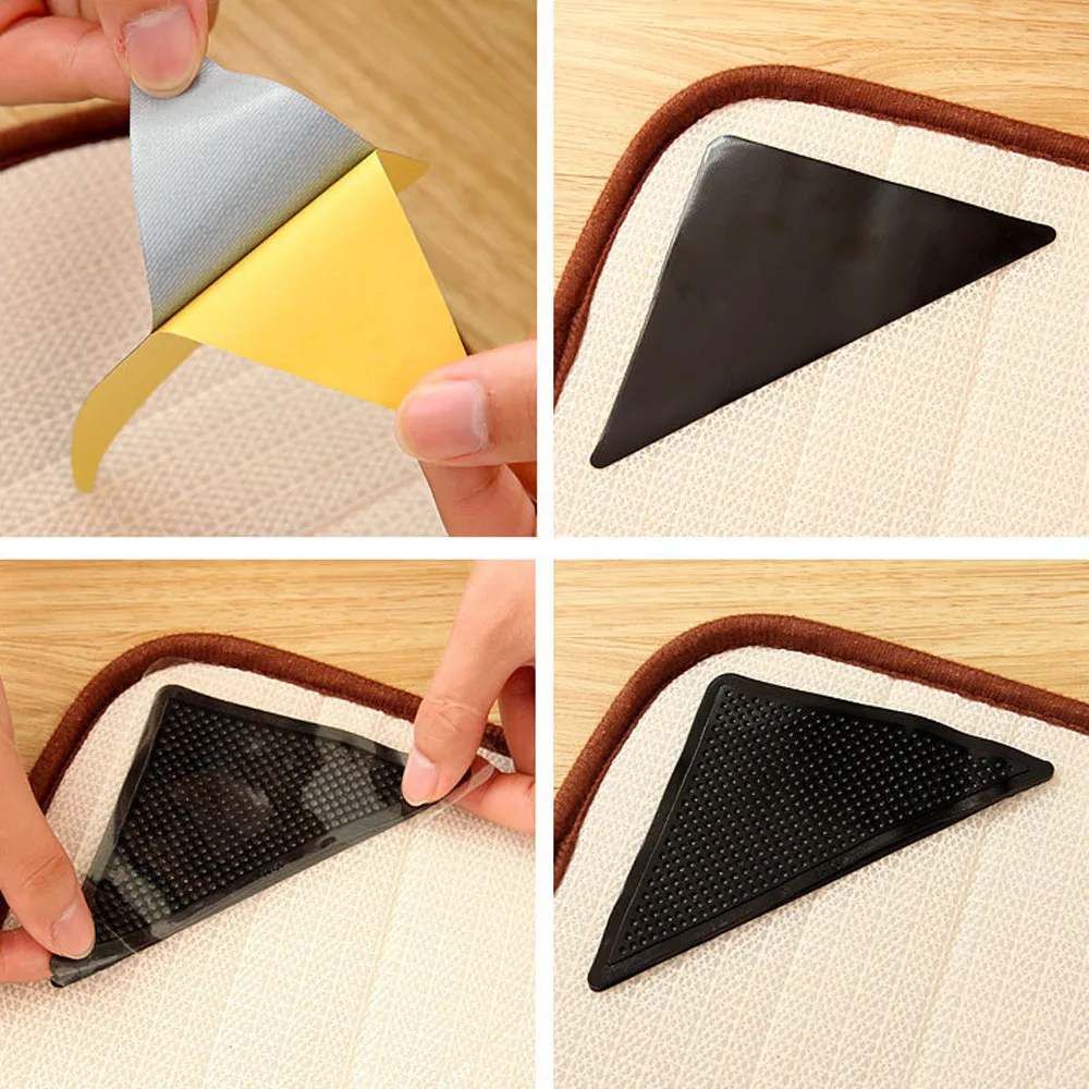 4x ADHESIVE RUG GRIPPERS Stick On Grip Pads Carpet Mat Corner Holders Anti-Slip