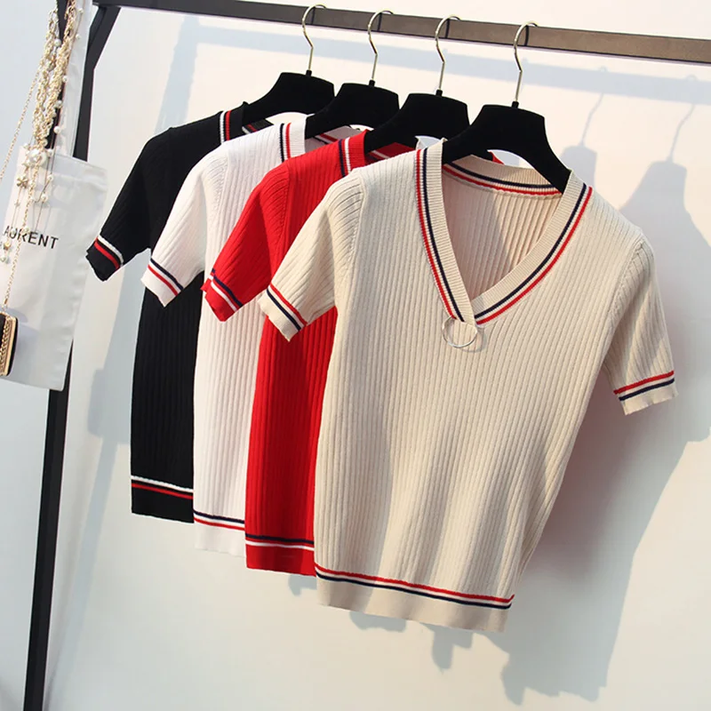 Women Knitted Short sleeve Sweaters and Pullovers Female Jumpers Women High Quality Sweaters Solid color for spring and summer