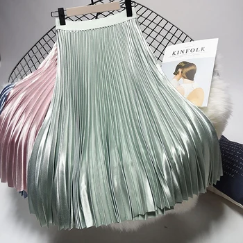

New Satin Metal Color Pleated Skirt Women Mid-long Retro High-waist Chic Fairy Half-length Skirt Office lady elegant skirts