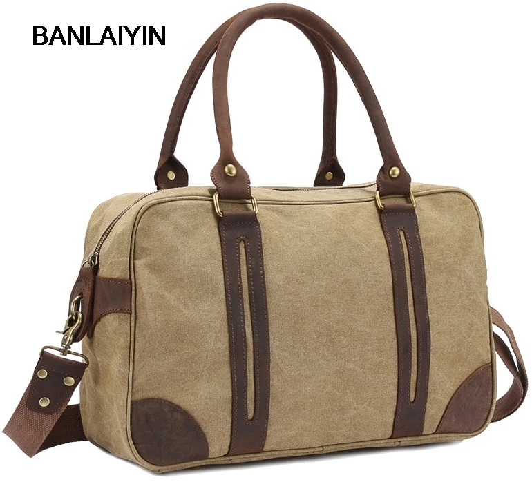 

Unisex Vintage Crazy Horse Leather Canvas Men Duffel Bag Leather Travel Bag Women Boston Tote Bag Overnight Bag Shipping M211-S