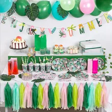 Jungle Party Decoration Kit Disposable Paper Plates Cups Straws Napkins Enjoy Summer Banner Palm Leaves Tropical Safari Animal