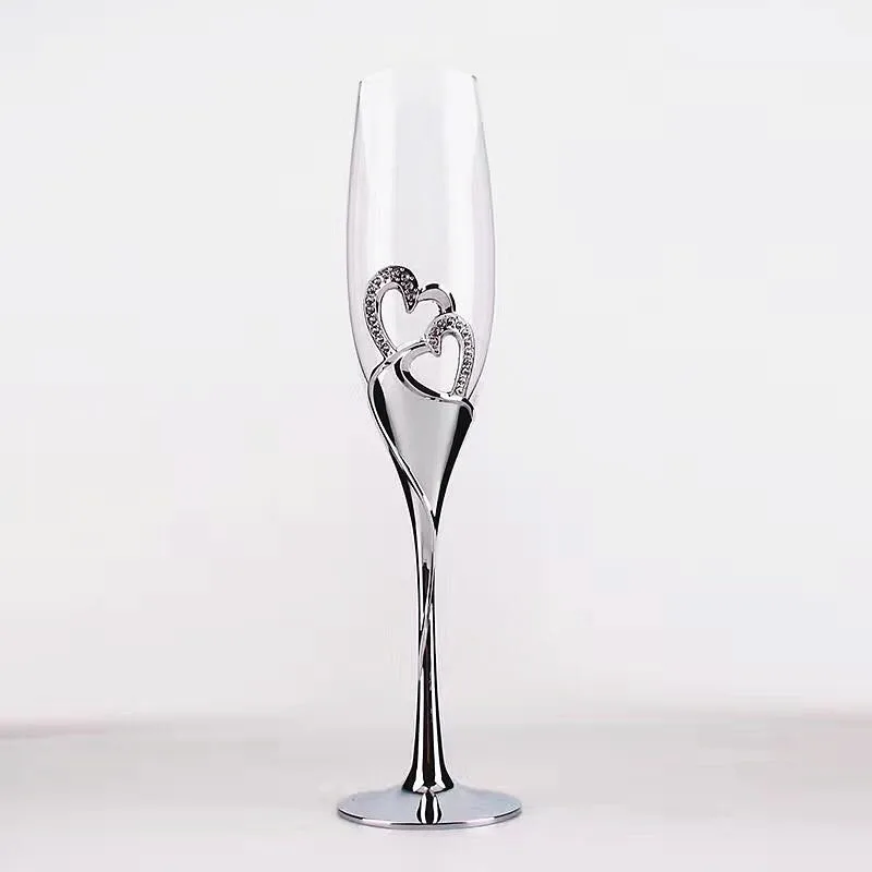 

New Heart Shape Sliver Champagne Flutes Wedding Toasting Glassware 200ml Champagne Glass Metal Stand Wedding Gifts Wine Golets