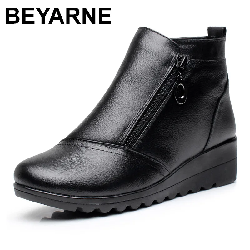 

BEYARNE Genuine Leather Women Side Zipper Comfortable Wedges Heel Ankle Boots Fashion Round Toe Keep Warm Winter Shoes Black