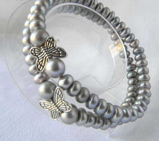 FREE SHIPPING 01454 2Pcs Gray Flat Round Freshwater Pearl Stretch Bracelets 30% off |