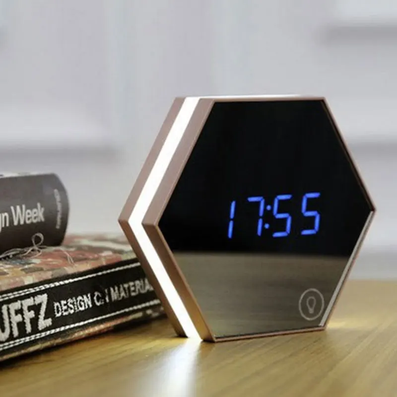 

Mirror Glass Alarm Clock Night Lights Thermometer Digital Wall Clock LED Lamp
