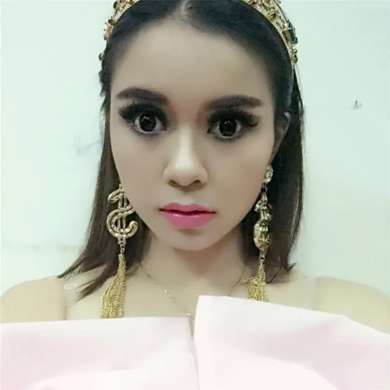 

2019 New Fashion Women Dollar Stud Earrings Gold Color Tassels Clear Rhinestones Girls Trend Earrings Jewelry, 1 Pair
