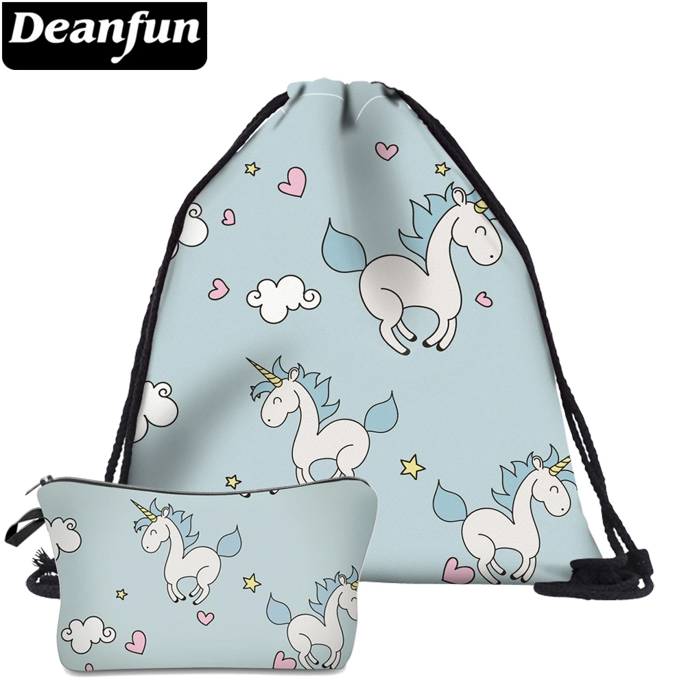 

Deanfun 2Pc Unicorn Blue Drawstring Bags 3D Printing Cute for Girls School