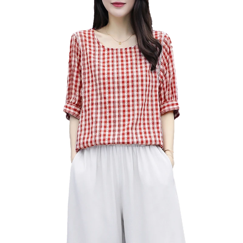 

Literary Plaid Loose Cotton Blouse Shirt