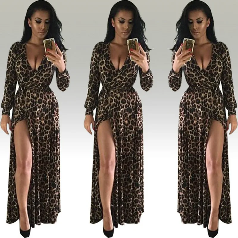

2018 New Spring Sexy Leopard Pattern Open-cut Dress V Neck Long-sleeved Long Tuxedo Evening Party Dress Sundress Vestidos