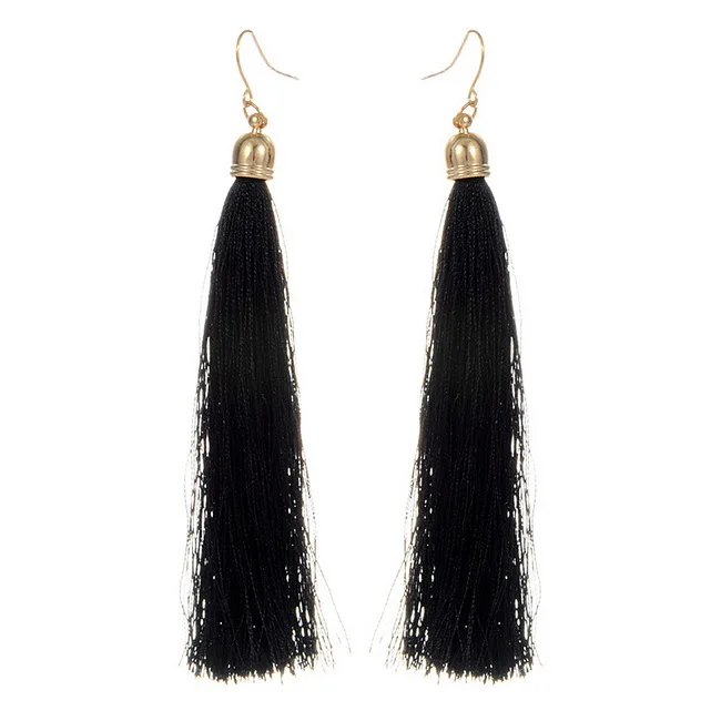 ZINI брендовые черные женские серьги с кисточками, модные ювелирные изделия в богемном стиле, Висячие длинные серьги из шелковой ткани, этнические Винтажные серьги - Окраска металла: black earrings