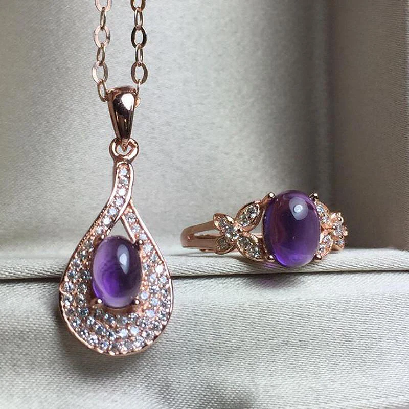 

Purple Natural Gemstone Jewelry Amethyst Rose Gold Color Women Ladies' 925 Silver Jewelry Set Wedding Ring/Necklace Sets YJS022