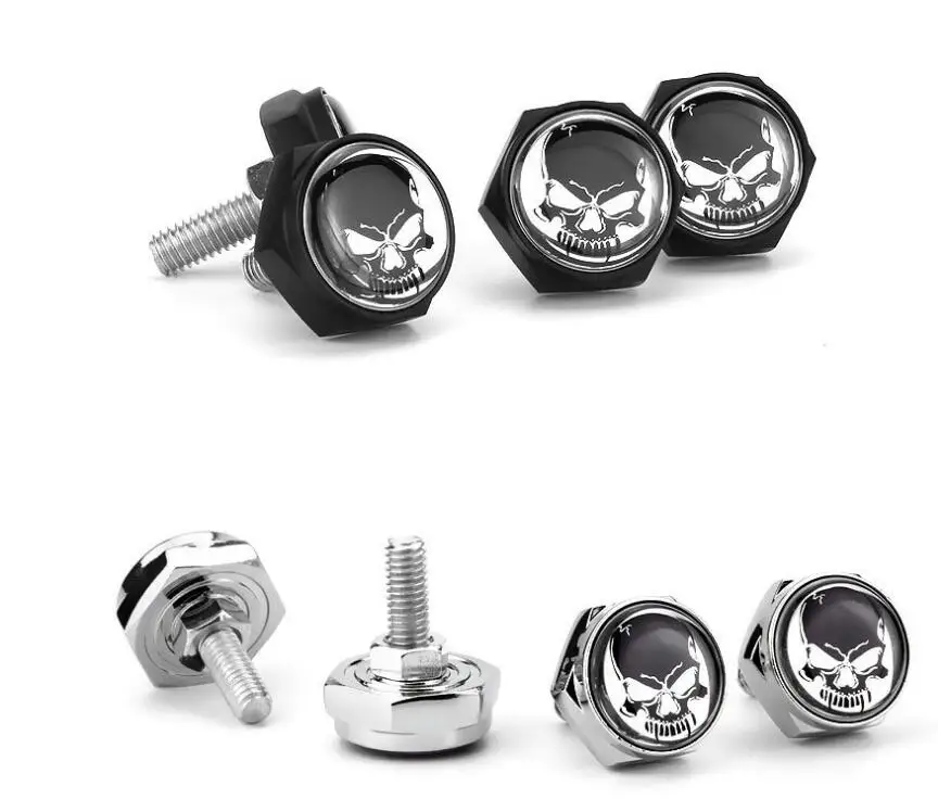 1set Dark Skull Head Black Silver License Plate Screws Thread License