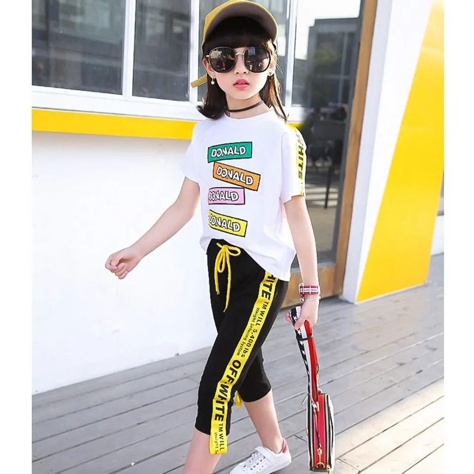 

Summer Girls Clothes Sets Big Girl Cartoon Short Sleeve Tops+Loose Pants Kids Clothing 2 Pcs Suit Child Clothes 6 8 10 12 Y