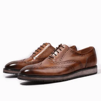 

Formal Dress Handmade Genuine Leather Men's Carved Oxfords Round Toe Flat Platform Man Wingtip Brogue Wedding Party Shoes Men