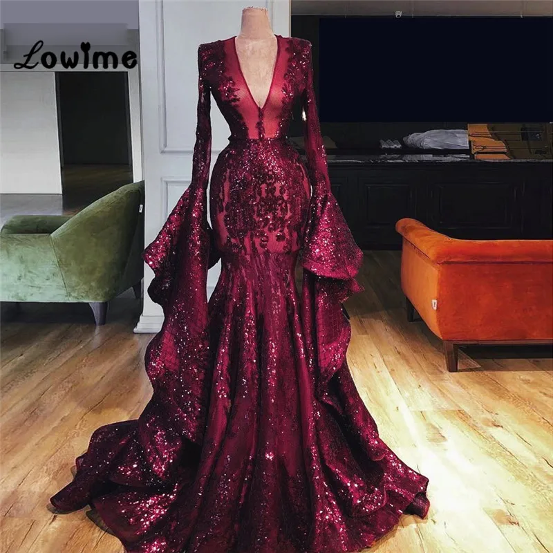 Couture Sequined Arabic Evening Dresses V Neck Dubai Muslim Party Gowns 2018 New Robe De Soiree Long Mermaid Prom Formal | Свадьбы и