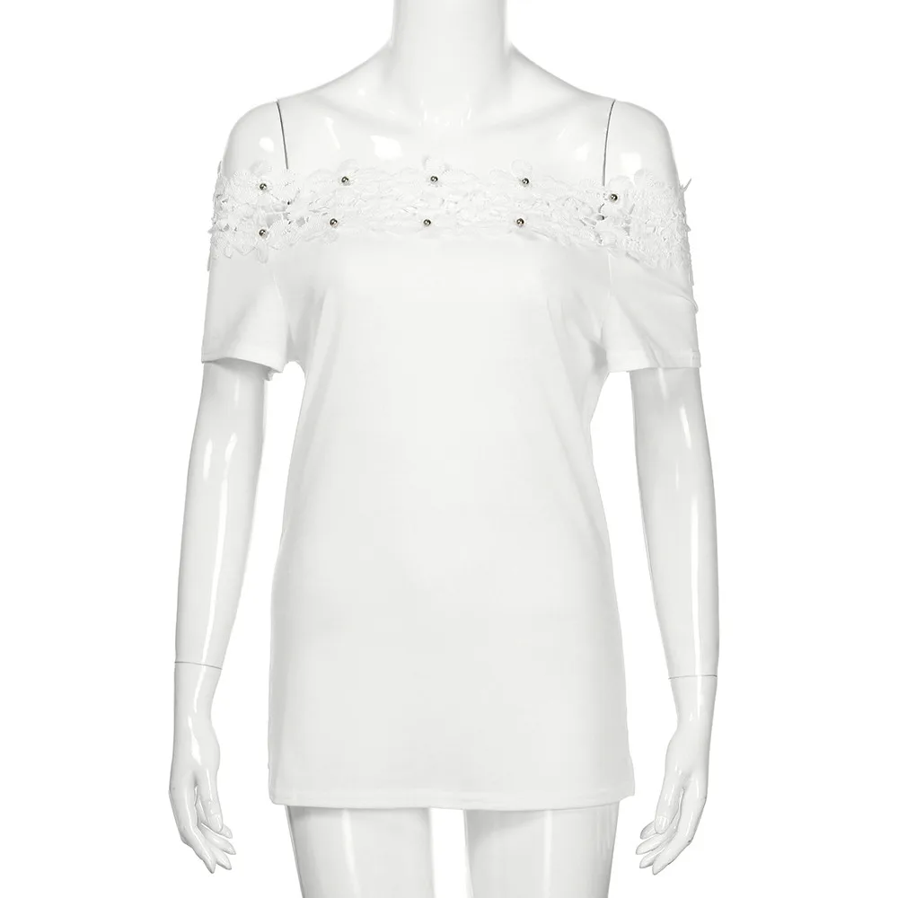 Новая модная женская короткая рубашка с открытыми плечами Женская тонкая Повседневная рубашка с кружевным рукавом roupas femininas#35