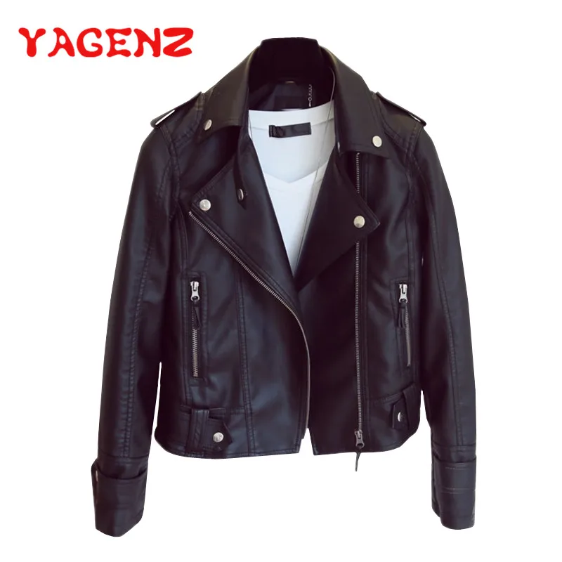 YAGENZ женский Дизайн Весна Осень pu кожаная куртка искусственная мягкая кожаная куртка черная с заклепками на молнии мотоциклетная короткая куртка 160