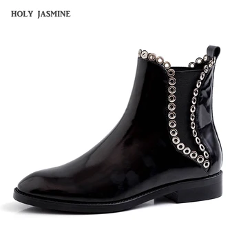 

2019 Autumn New Style Genuine Leather Ankle Boots Pointed Toe Thick Heel Chelsea Boots Calf Leather Women Boots Ladies Shoes