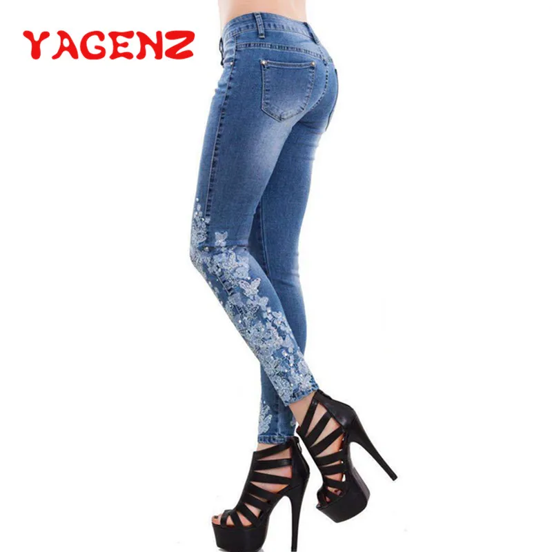 

YAGENZ Jeans for Women Jeans High Waist Jeans Woman High Elastic plus size Butterfly Diamond Jeans Female Denim Pencil Pants 327