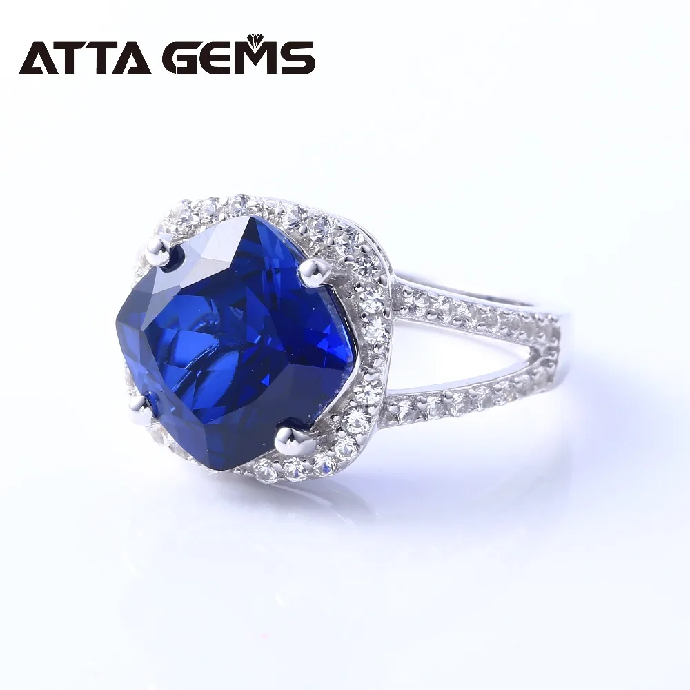 Blue Sapphire S925 Silver Rings for Women Wedding Engagement Birthday Ring 6 Carats Created Sapphire Faced Cushion Gemstone Ring