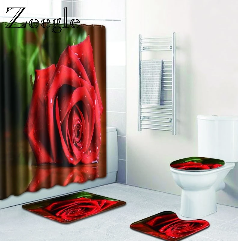 Valentines Day Bath Mat And Shower Curtain Set Rose Pattern Bathroom