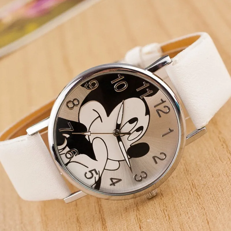 

Fashion mickey women watch boy girl cartoon watches Unisex quartz watch student Famale imitation PU leather Clock holiday Gift