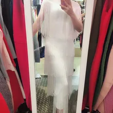 Новая мода Fringe платье Для женщин кисточкой Bodycon сексуальное обвязанное Платье Лето сине-белые обнаженные знаменитости Вечерние Длинное платье A-4