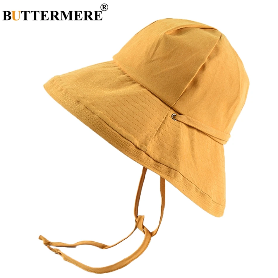 

BUTTERMERE Yellow Bucket Hat Female Cotton Folding Sun Hat Summer Woman Solid Lace Up Fisherman Wide Brim Ladies Fashion Bob Cap