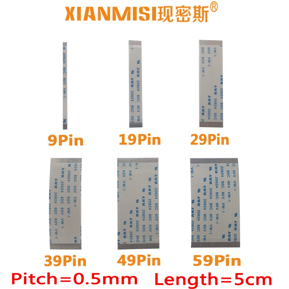 

FFC/FPC Flat Flex Extension Cable 9Pin 19Pin 29Pin 39Pin 49Pin 59Pin Same Side 0.5mm Pitch AWM VW-1 20624 60V Length 5cm 5PCS