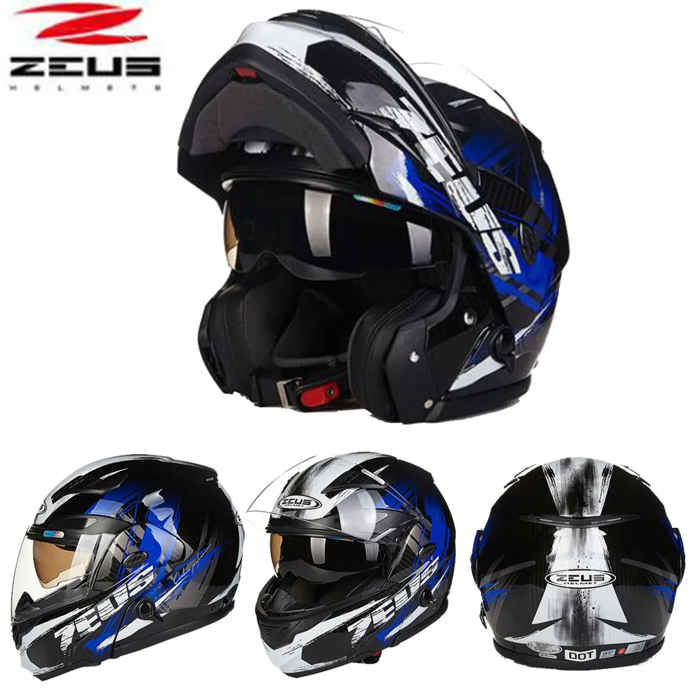 

2018 ZEUS Carbon Fiber Daul Visor Motorcycle Helmets Undrape face Moto Racing Helmet Open face Four Seasons Safety Helmet