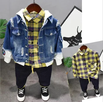 

children fashion Autumn winter baby boys clothing sets Hooded coat+ T-shirt + jeans 3pcs set Boys clothing 2-6years