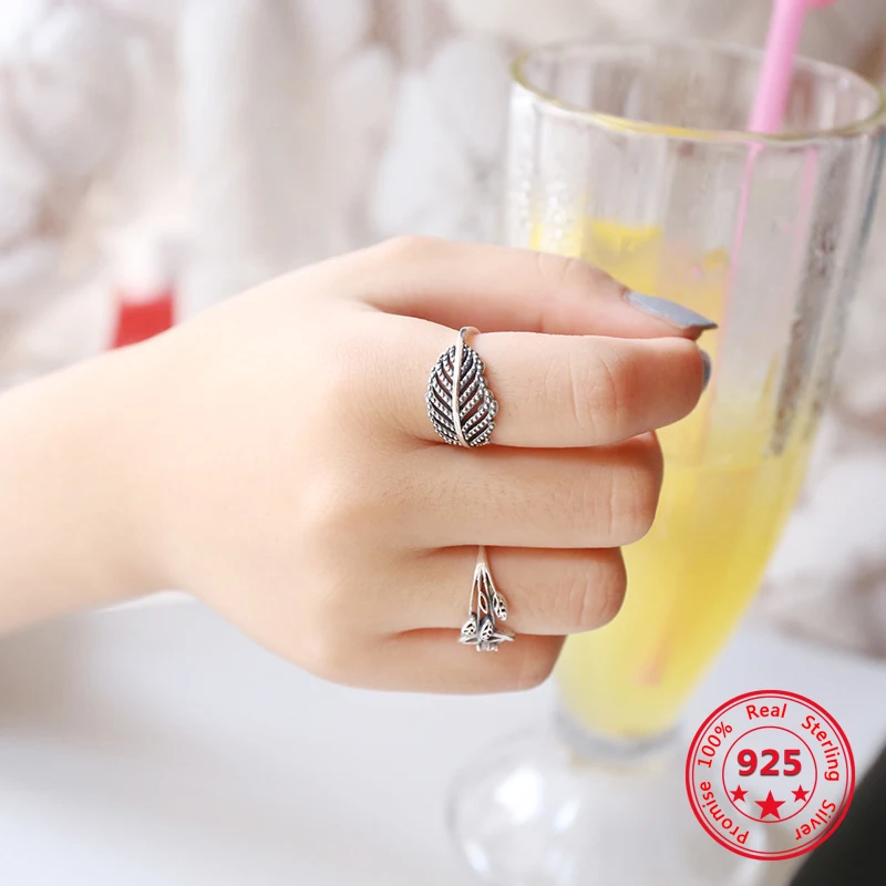 

925 Sterling Silver Rings Simple European American Retro Vintage Black Leaf Open Rings Women Jewelry