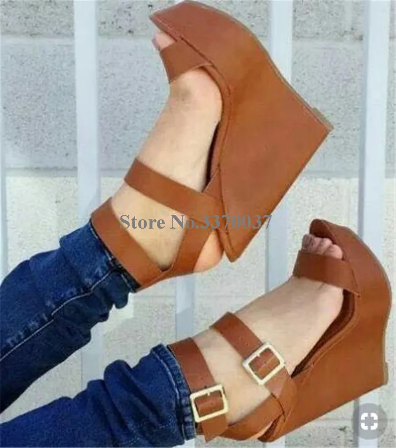 sandalias de cuña de plataforma alta con punta abierta, zapatos de tacón con hebilla amarilla, con correa cruzada, aumento de altura, para vestido Formal|Sandalias de mujer| - AliExpress