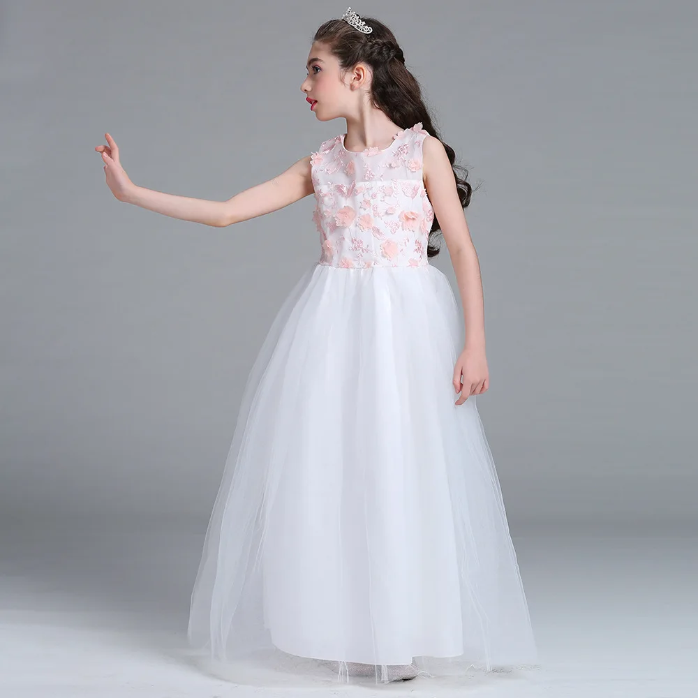 New Girl Evening Dress Big Kids Pink Flower Wedding Dress Princess