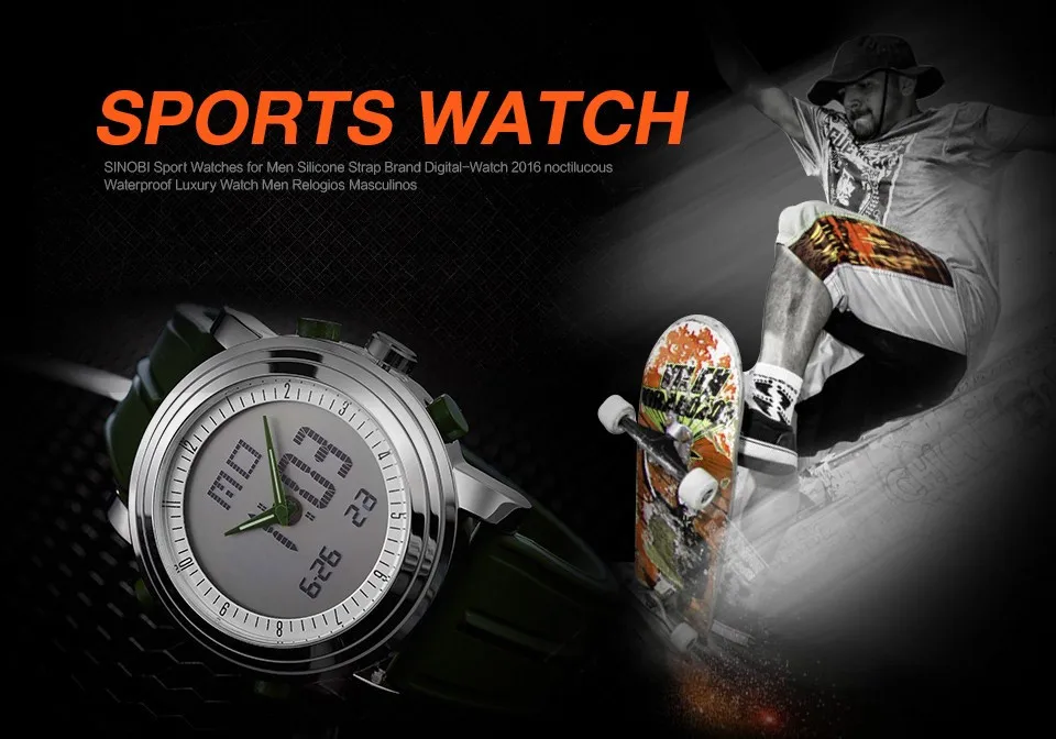 Бренд SINOBI, спортивные мужские наручные часы с хронографом, Цифровые кварцевые часы с двойным механизмом, водонепроницаемые мужские часы для дайвинга