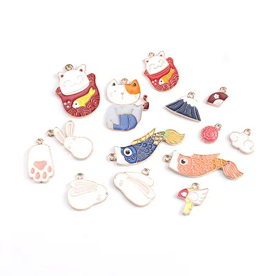 14pcs Mix Rabbit Alloy Pendant enamel carp Kimono fortune cat charm DIY Handmade Material Ear Nails Earrings Jewelry Accessories | Украшения