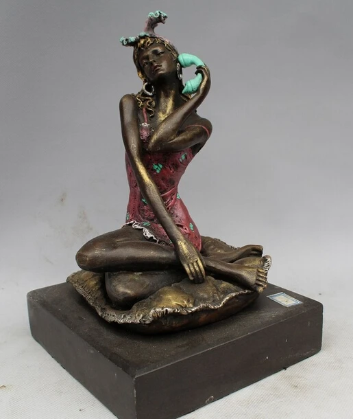 

JP S1150 9" Western ART sculpture Bronze Marble Seat Bell Women Girl call up Statue (B0413)