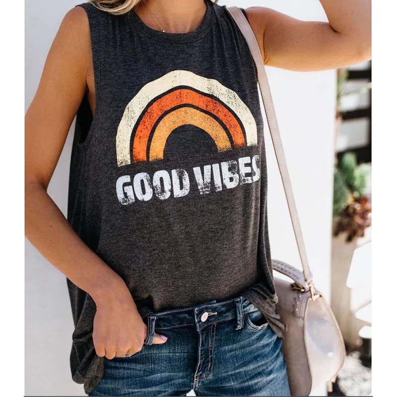 

New Women's Summer Casual Loose T-shirt GOOD VIBES Printing Large Size Cotton Vest Fashion Women's Shirt Drop Shipping