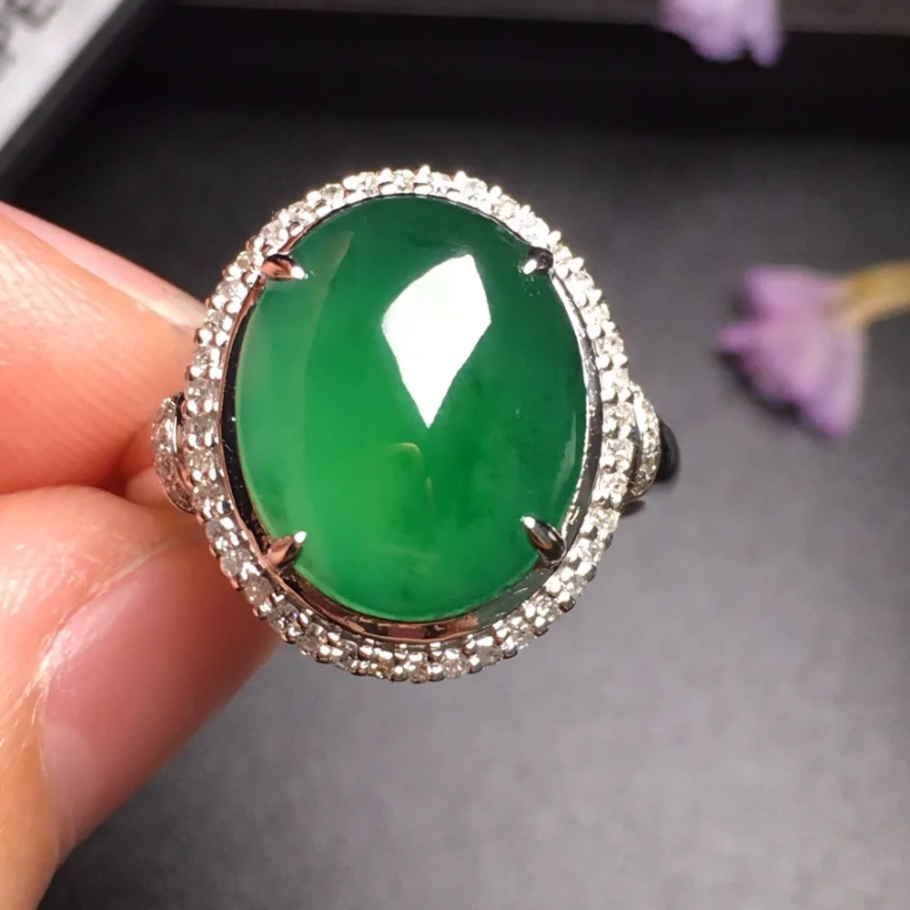 

Fine Jewelry 18K White Gold Real Natural Green Jade Burma Origin Wedding Engagement Female Rings for Women Fine Ring