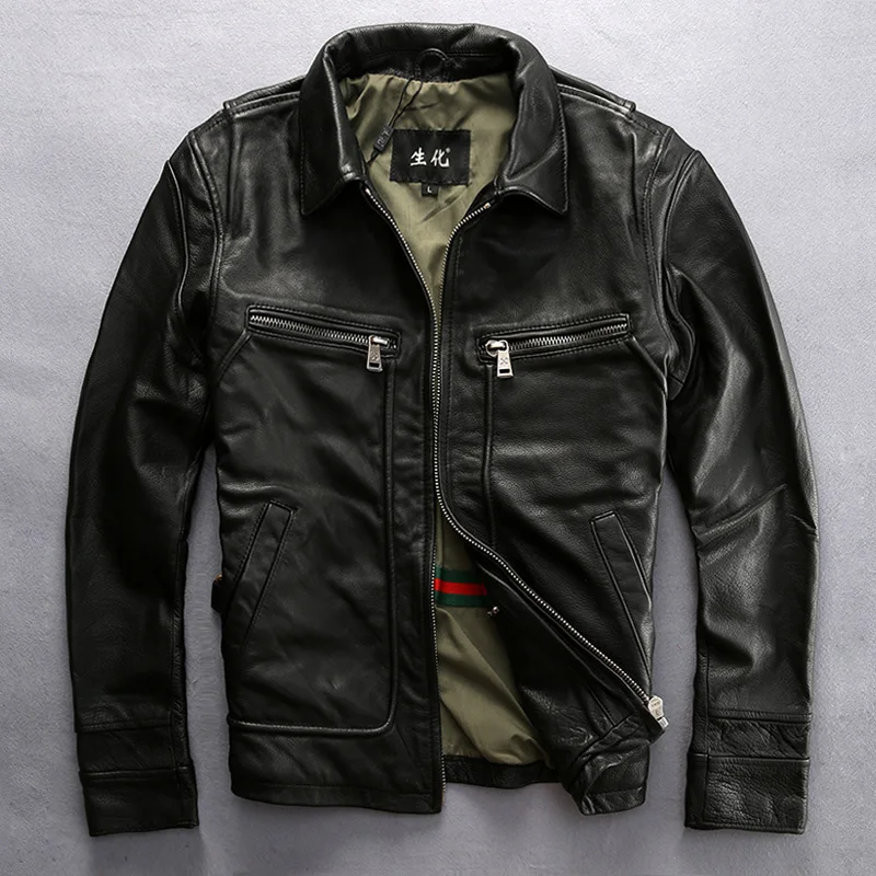 70% OFF mens cow leather clothing male cattle leather jacket slim genuine cowhide leather motorcycle rider jacket