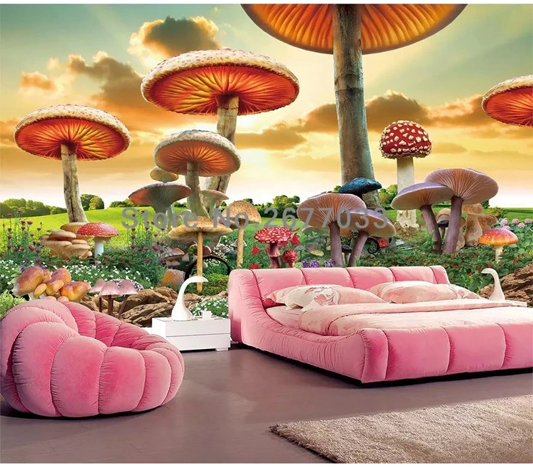 カスタムフォト壁紙妖精物語世界巨大キノコ漫画の壁画子供の寝室の背景の壁の布防水フレスコ画 Fabric Textile Wallcoverings Aliexpress