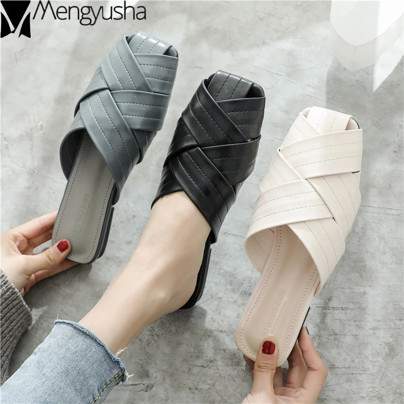 

Summer woman shoes weaving cross-belt closed toe slippers flats casual non-slip slides loafers hollow out flip flops femme shoes