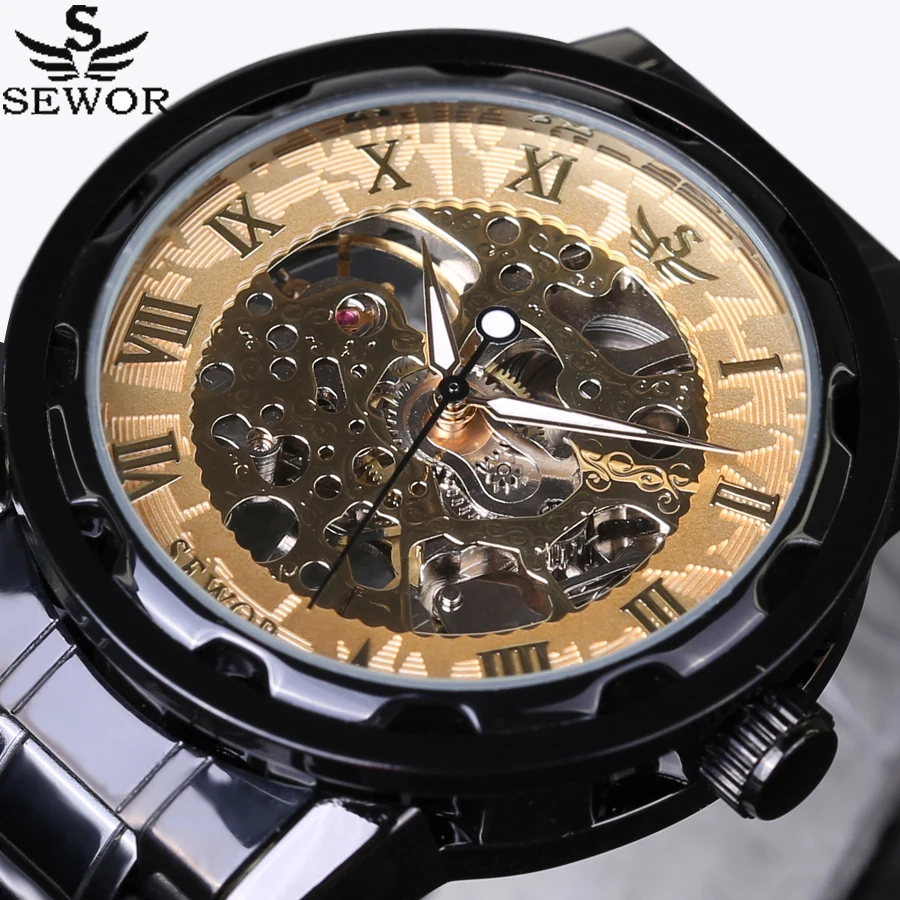 SEWOR Gold font b Men b font Skeleton font b Mechanical b font Watch Stainess Steel
