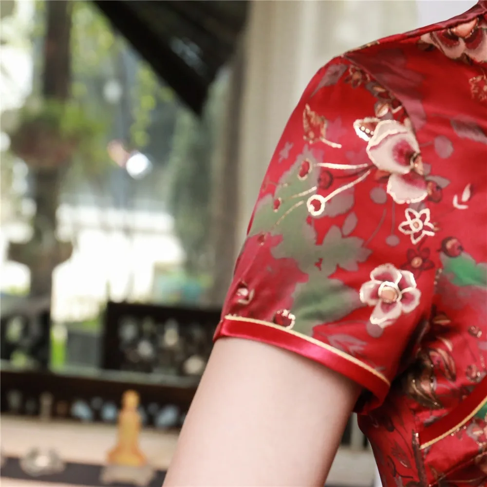 Шанхай история цветочный Cheongsam рубашка Qipao топ с коротким рукавом Китайский традиционный топ из искусственного шелка китайская блузка для женщин