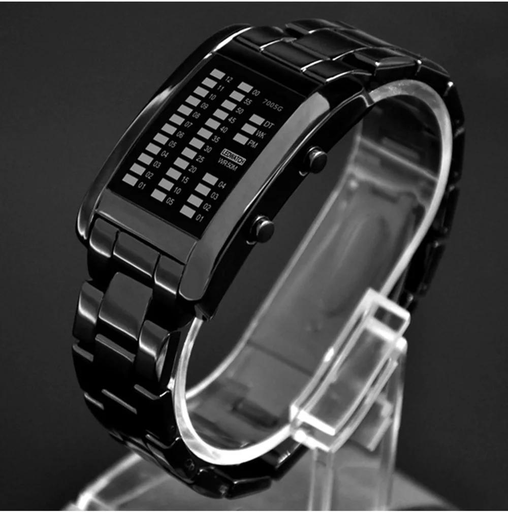 Binary Watch Resistant Watches Men 3ATM Waterproof Alarm Chrono Rectangle Dial Canlender Black Light Tough Structure