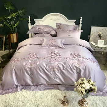 

Light purple Luxury 100S Egyptian Cotton Classical Embroidery Bedding Set Duvet Cover Bed sheet Bed Linen Pillowcases 4/7pcs