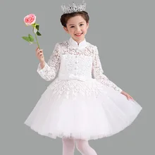 Кружевное платье с цветочным узором и длинными рукавами в китайском стиле для девочек; Детские платья для дня рождения; детская специальная одежда; От 4 до 12 лет