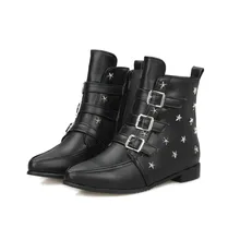 Vintage Style Flat Heel Lady Winter Winter Shoe PU Leather Women Ankle Boot Woman Motorcycle Boot Black Shoe Size 34-43