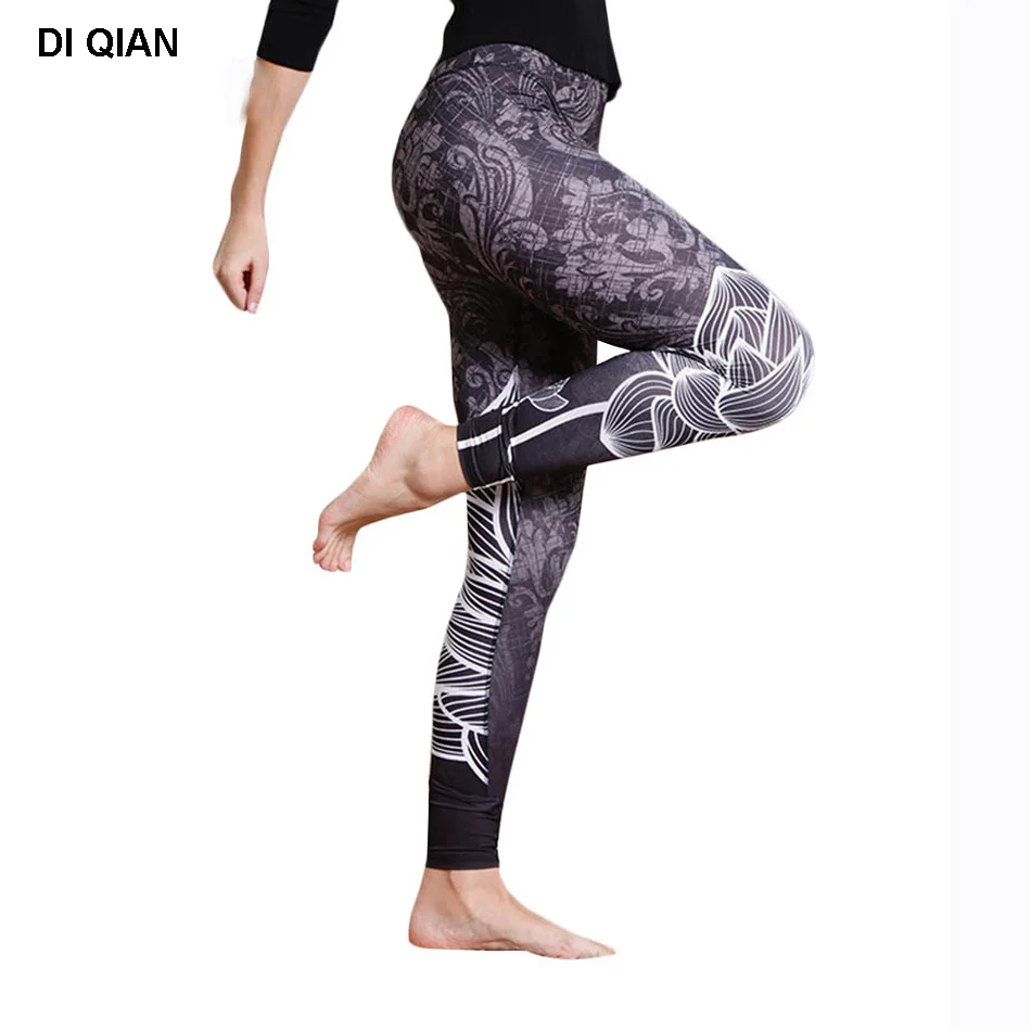 DIQIAN Retro Black Lotus print yoga leggings high waist foloral print ...