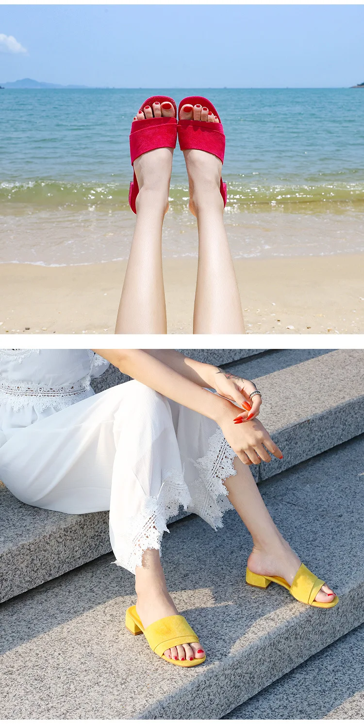 Летние замшевые босоножки ярких цветов; женские плиссированные Вьетнамки с открытым носком; пляжные сандалии на среднем каблуке; тапочки с оборками; y861